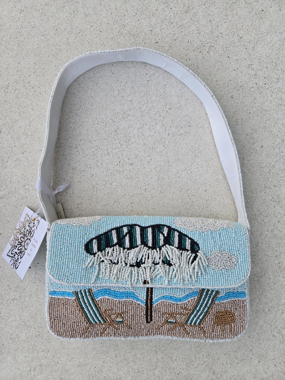 🏖 Viral Beaded Summer Bag- Beach Umbrella and Chairs  (White & Light Blue)